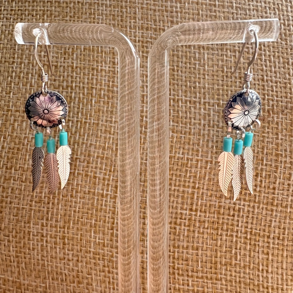 Silver and Turquoise Feather Earrings  - 925 Sterling Silver